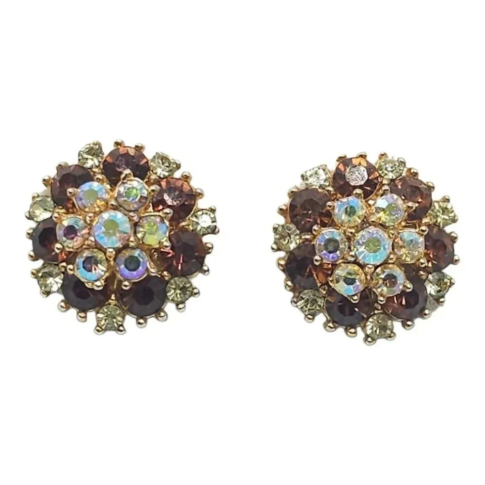 CROWN TRIFARI Silver Tone Topaz Rhinestone Flower Clip Earrings Late 50s/60s
